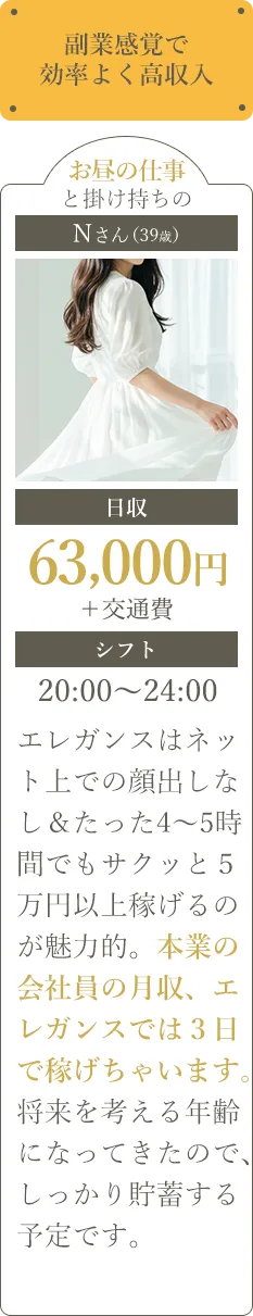 副業感覚で効率よく高収入!Nさん/日収63,000円+交通費